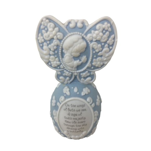 Ceramic Blue/White Butterfly Handbell with Angel and Flowers and Religious Quote - Picture 1 of 7